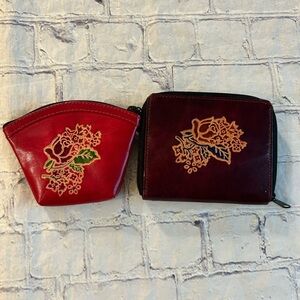 VINTAGE BURGUNDY AND RED BOHEMIAN FLORAL LEATHER WALLET & COIN PURSE